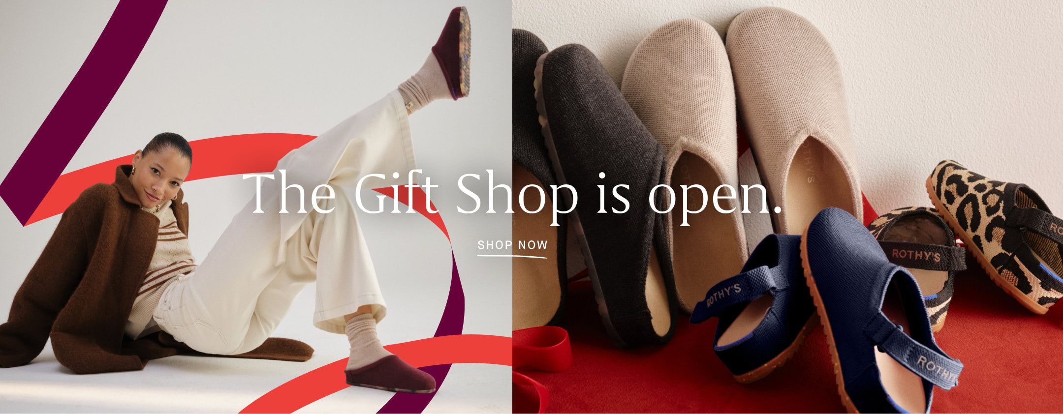 Collection of Clogs for the family. Left: Person sitting on a red and white circular design wearing the revelvet casual clog, right: The kids clog on a red surface. With text overlay, 'The Gift Shop is open. Shop Now.'