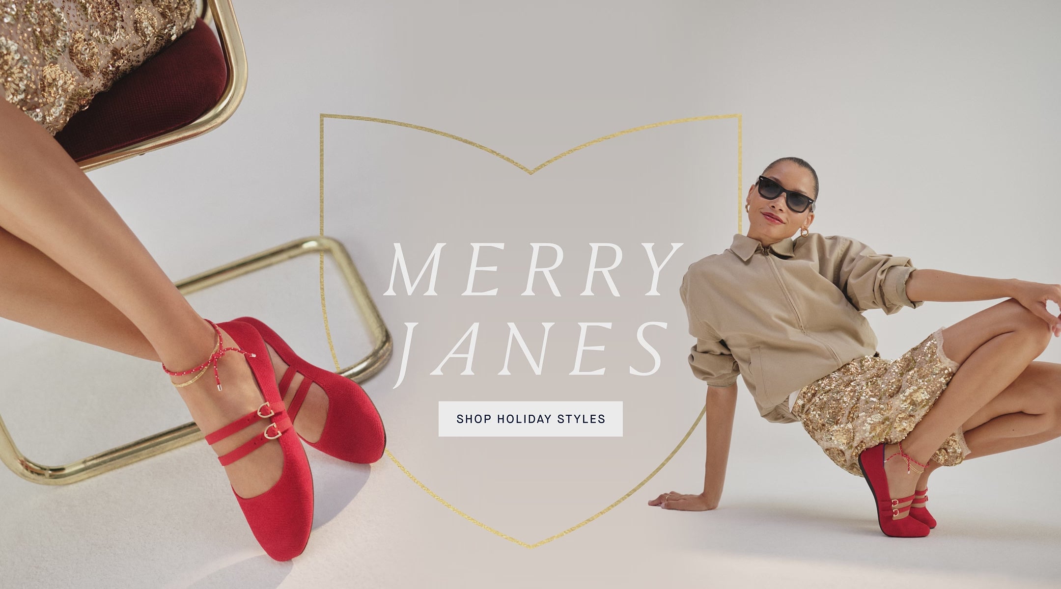 The double strap mary jane in red crisp. With overlay text 'Merry Janes. Shop Holiday Styles.' 