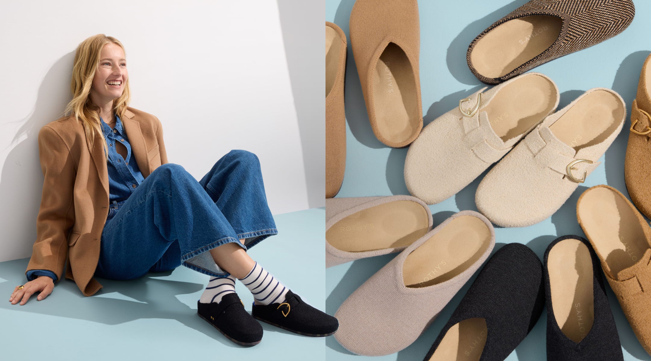 A woman sits on a blue floor surrounded by various shoes, highlighting the casual and buckle clogs of the season.