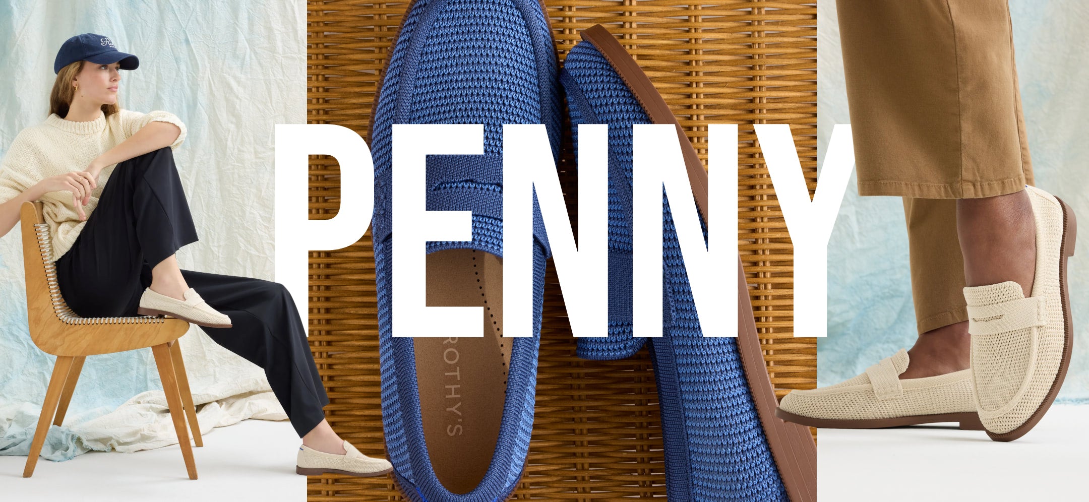 The Penny Loafer in Blue raffia-knit next to a person sitting down wearing The Penny Loafer in Conch Raffia-Knit, with text overlay, 'Penny.'