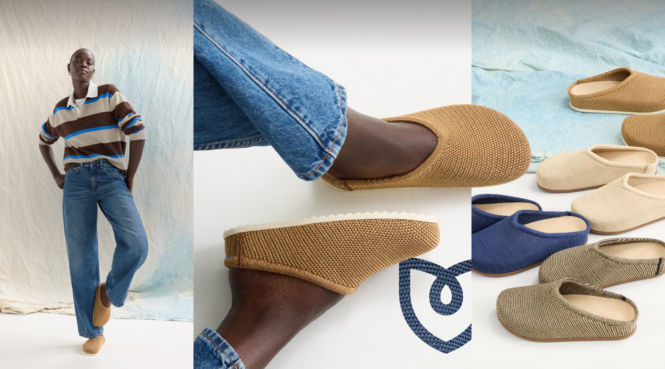 Collage of a model wearing The Casual Clog in Wheat Raffia-Knit, close-up of The Casual Clog in Wheat Raffia-Knit, and multiple Casual Clogs in Raffia-Knit.