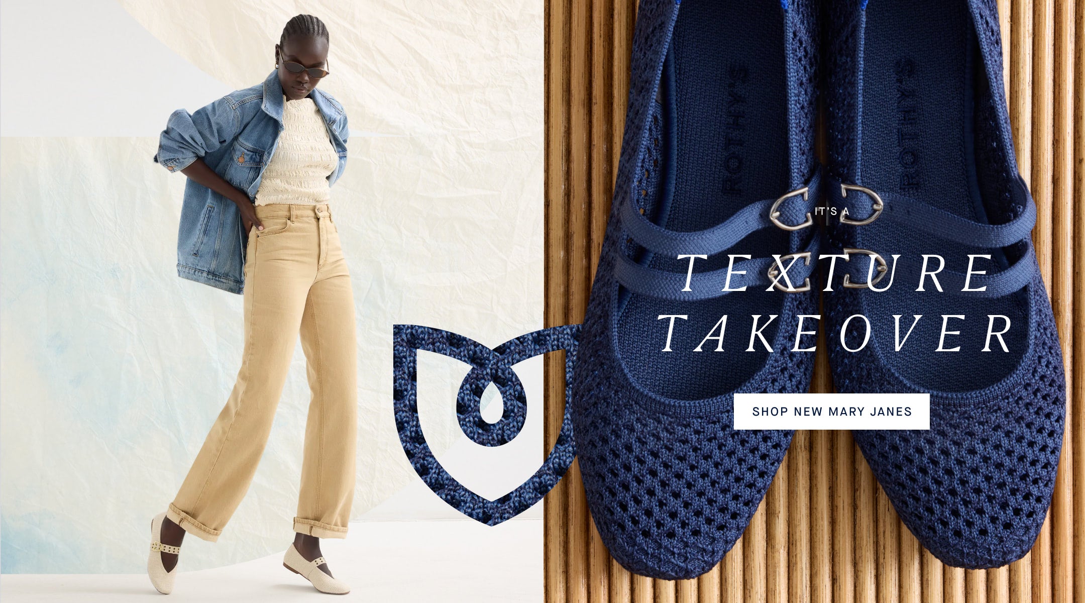 Woman in The Max Buckle Mary Jane in Cream Woven, next to The Double Buckle Mary Jane in Blue Mesh, with text 'Texture Takeover. Shop New Mary Janes.' on a textured background.