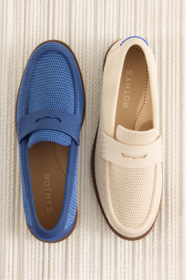 The Penny Loafer in Conch Raffia-Knit &
Blue Raffia-Knit.