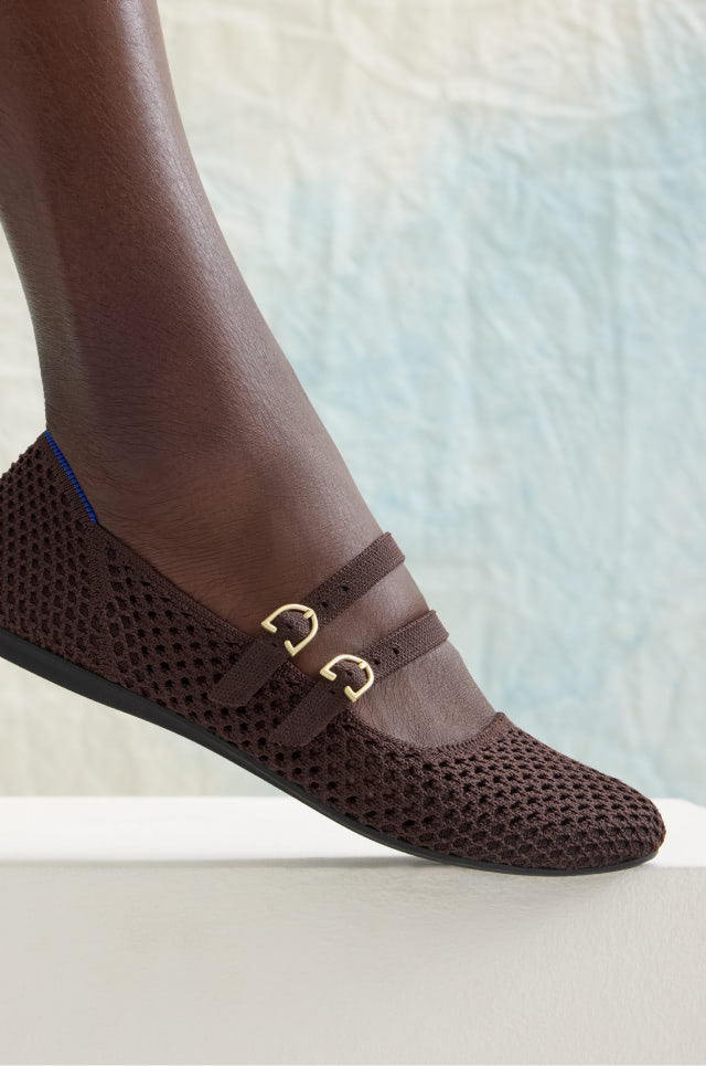 Close up shot of Model wearing The Double Buckle Mary Jane in Chocolate Mesh.