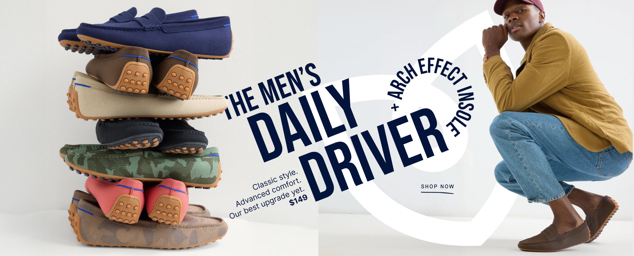 Man wearing The Men's Daily Driver	Forest Camo, with text about 'The Men's Daily Driver. Classic style. Advanced comfort. Our best upgrade yet. $149.' on a white background