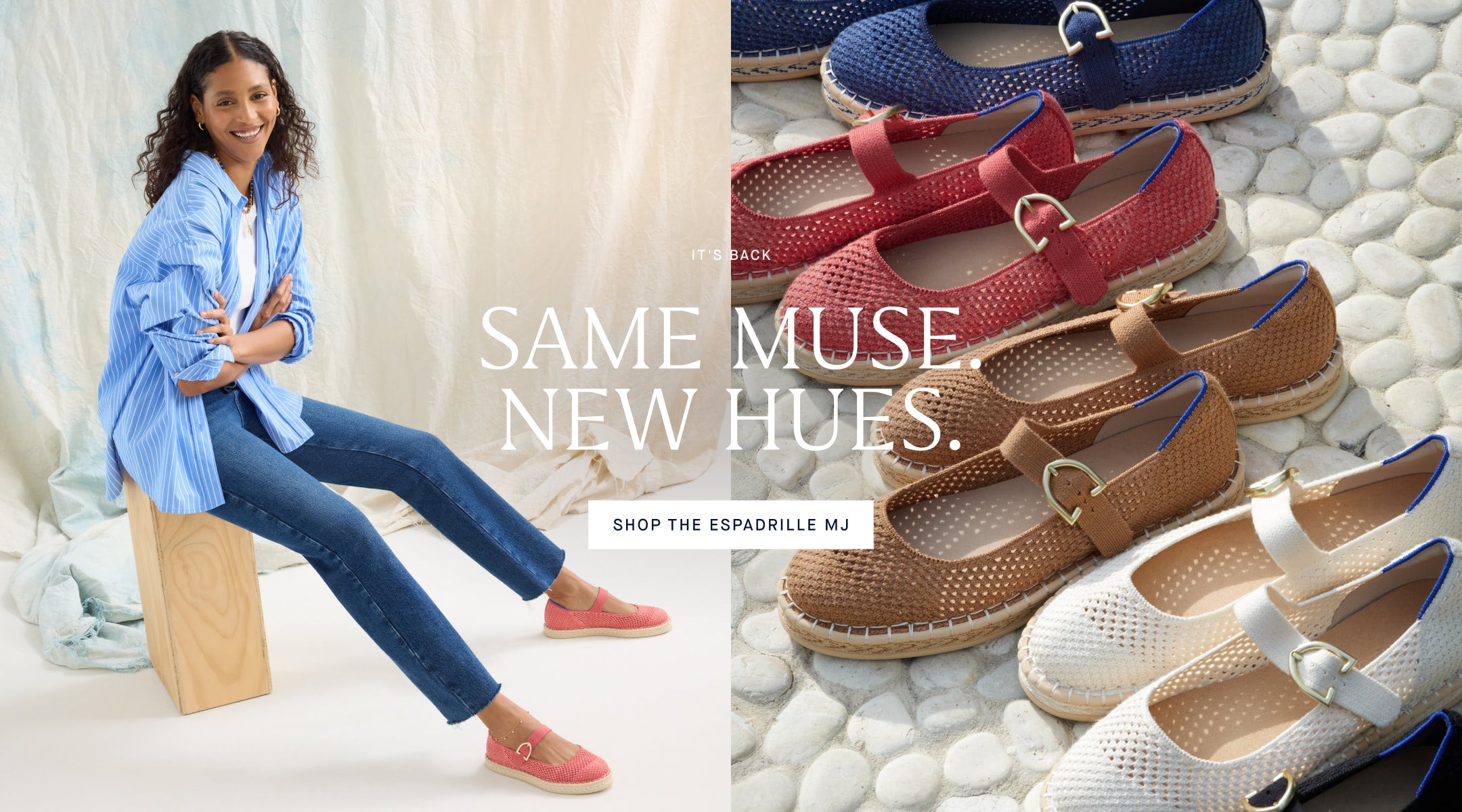 Woman sitting on a wooden block wearing The Espadrille Mary in Jane, with text 'Same Muse, New Hues' and images of Collection shot of The Espadrille Mary in Jane Jasmine, Wren, Blue Breeze, Starfish.