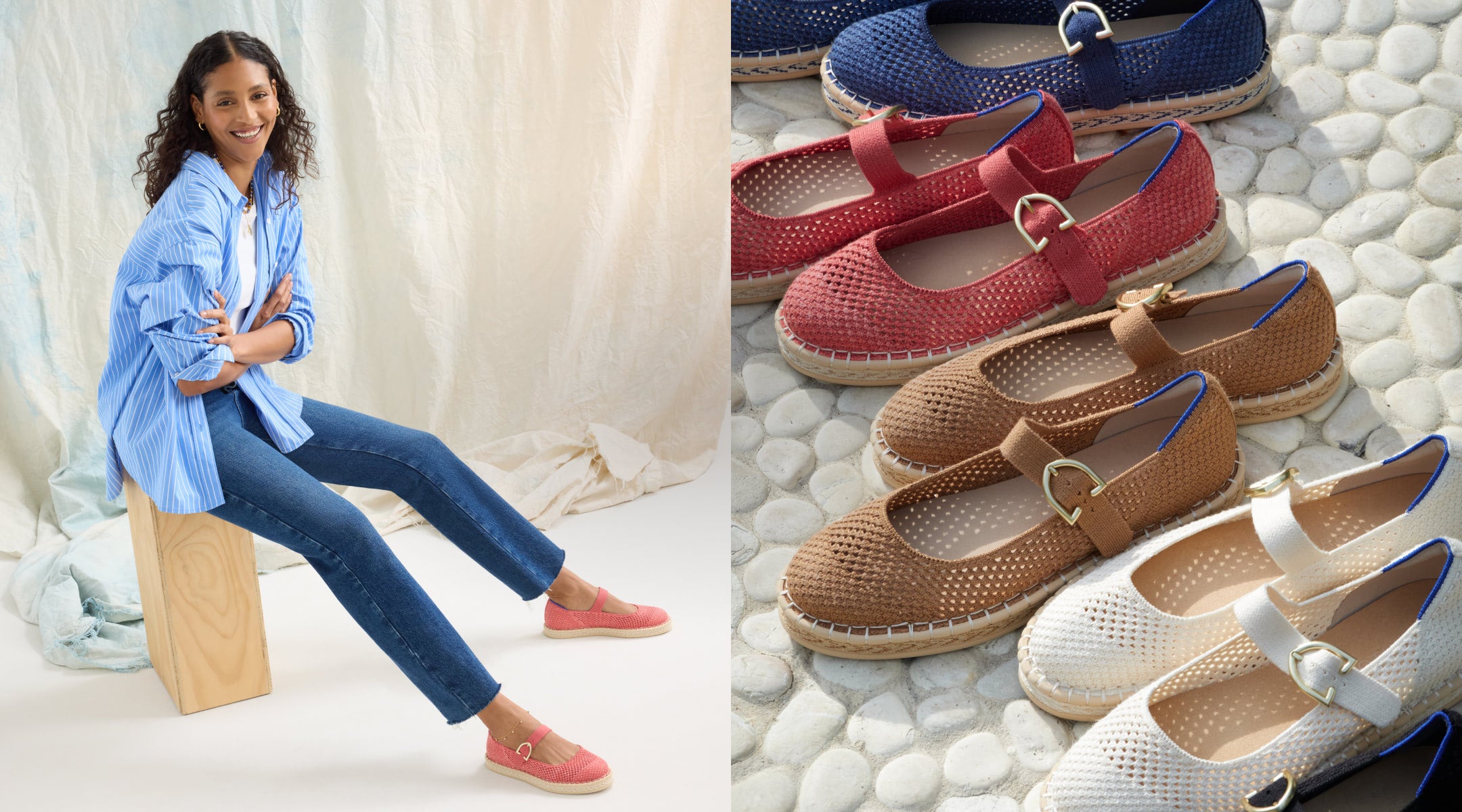 Woman sitting on a wooden block wearing The Espadrille Mary in Jane, with text 'Same Muse, New Hues' and images of Collection shot of The Espadrille Mary in Jane Jasmine, Wren, Blue Breeze, Starfish.