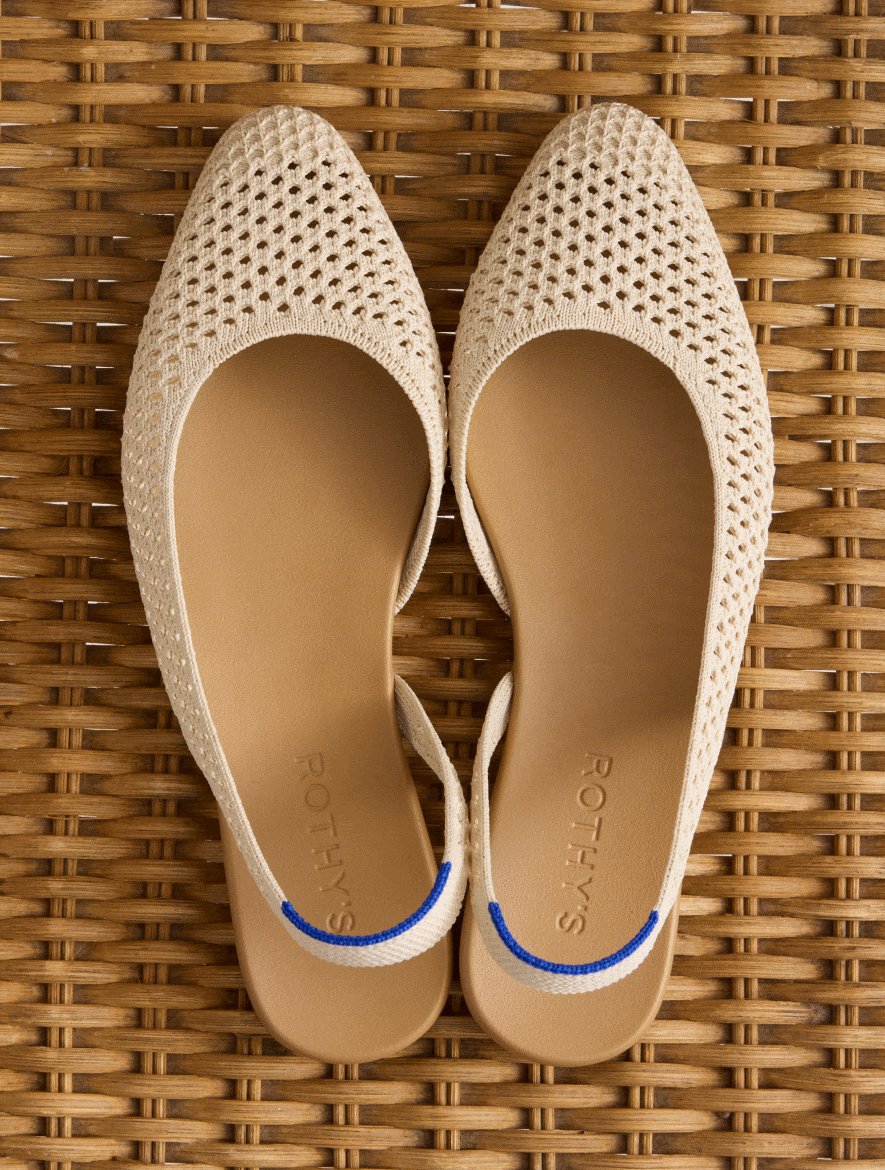 Collection shot of The Fisherman Sandal	Scarlet, The Penny Loafer in Blue Raffia-Knit, The Casual Clog in Blue Raffia-Knit, The Almond Slingback in Off White Mesh.