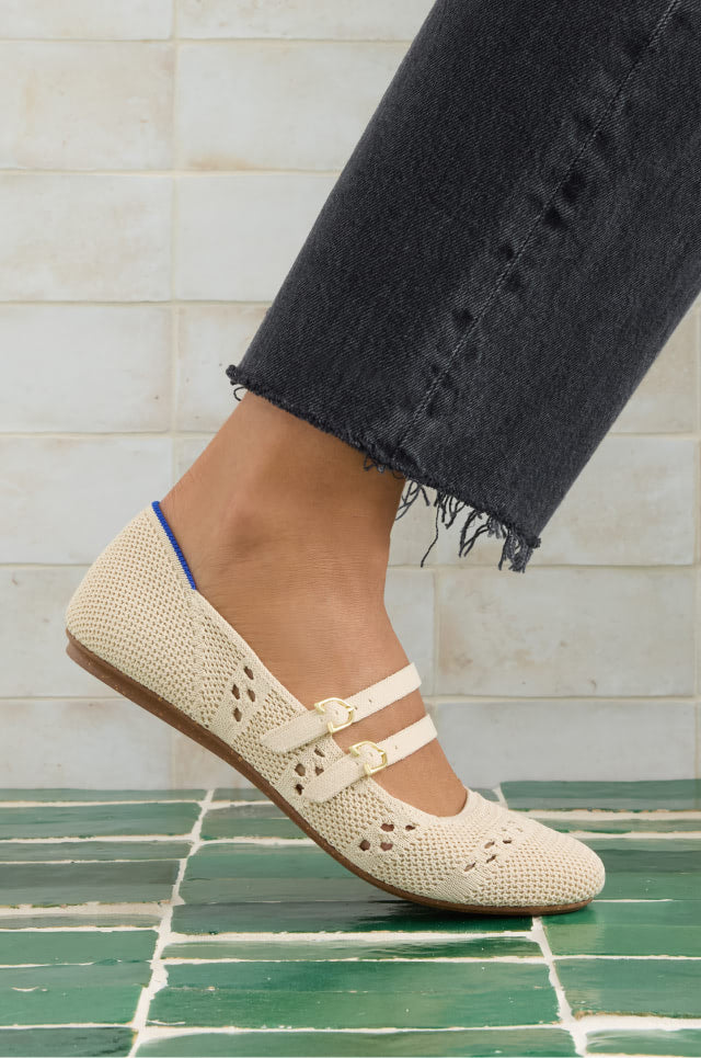 Close up shot of The Double Buckle Mary Jane in Dune Mesh.