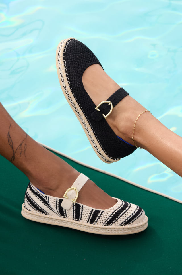 Close up of The Espadrille Mary Jane in Compass Stripe and Black.