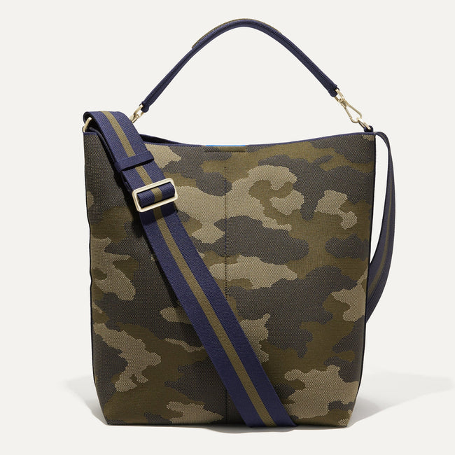 The Bucket Bag in Spruce Camo shown from the front.