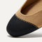 Close up of the square-shaped toe and rounded vamp of The Square in Camel Captoe. 