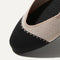The Square toe flat shoe in Tuxedo shown from the top view with detailing of the front of the shoe.