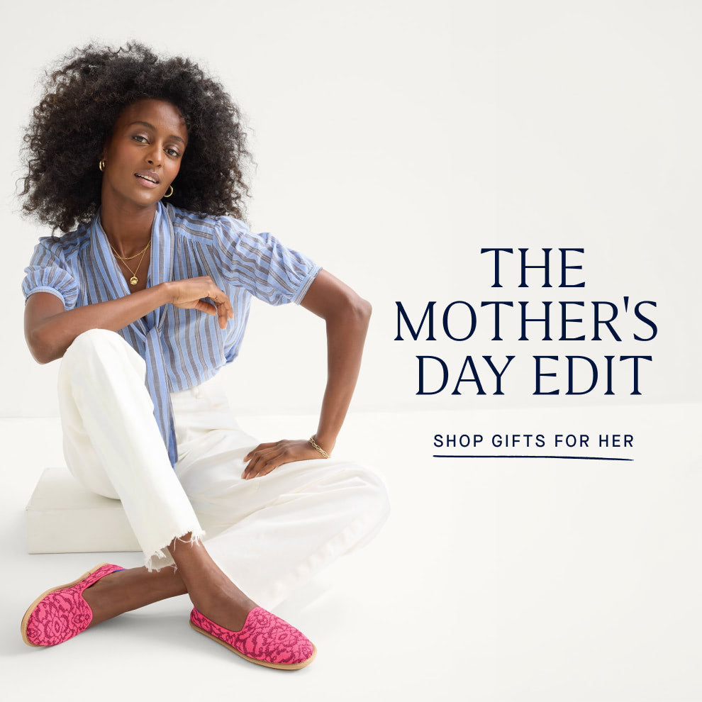 Image of a model wearing The Cruiser Loafer in Fuschia Bloom with copy overlay reading THE MOTHER'S DAY EDIT | SHOP GIFTS FOR HER
