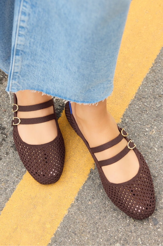 The Double Buckle Mary Jane in brown crochet.