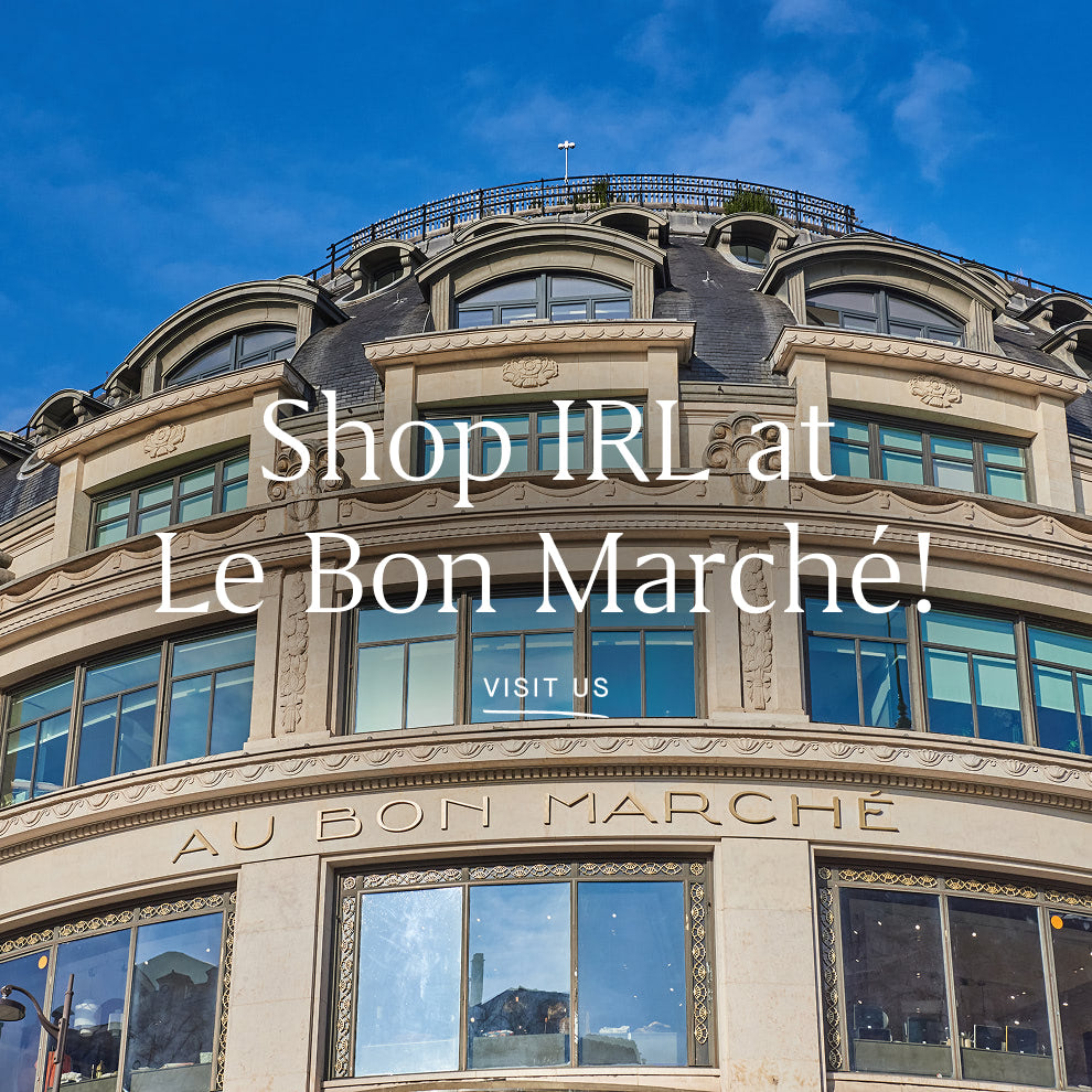 Facade of Le Bon Marché with promotional text overlay