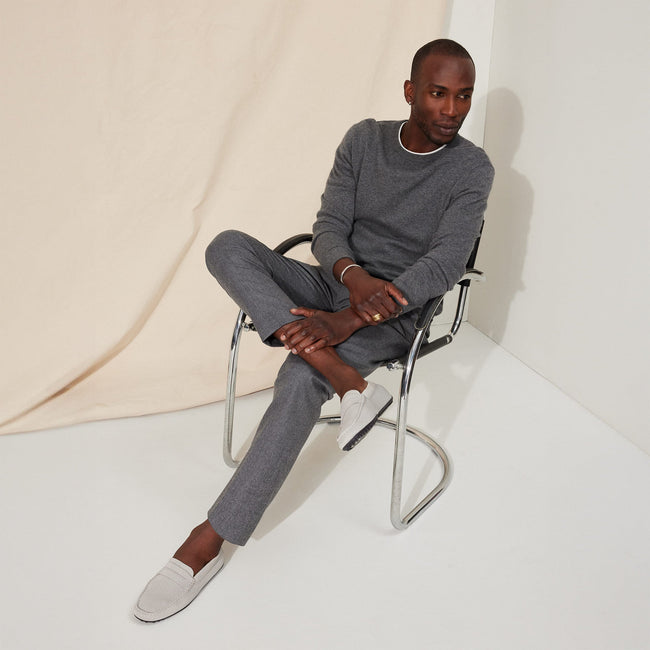 Alternate view of a model wearing The Driving Loafer in Light Grey Herringbone. 