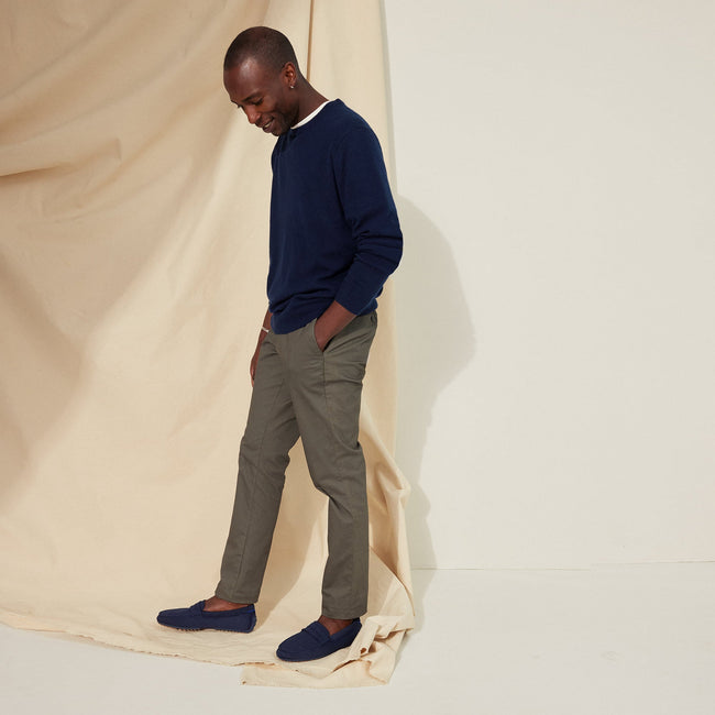 Alternate view of a model wearing The Driving Loafer in Navy Herringbone. 