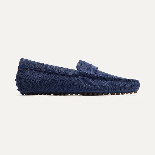 The Driving Loafer in Navy Herringbone shown from the side. 