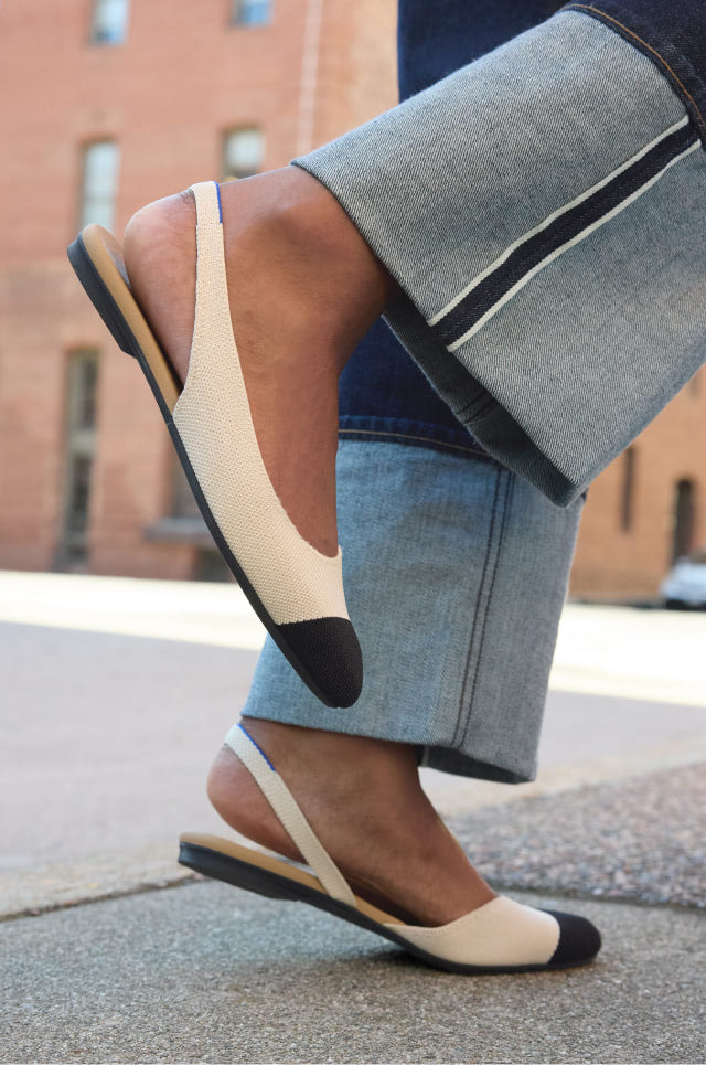 Close up of Model wearing The Almond Slingback in Captoe.