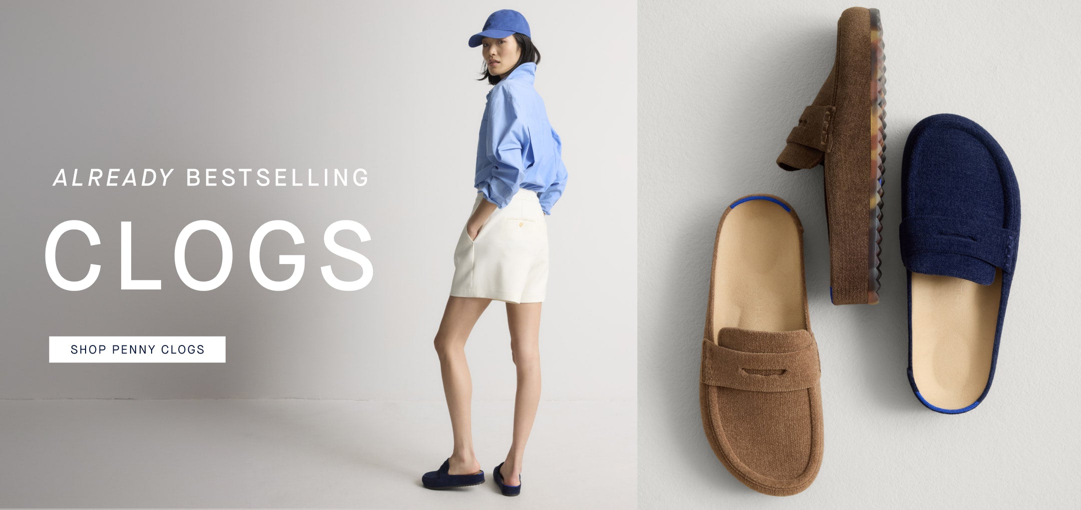 The Penny Clogs with the text 'ALREADY BESTSELLING CLOGS' and 'SHOP PENNY CLOGS'.
