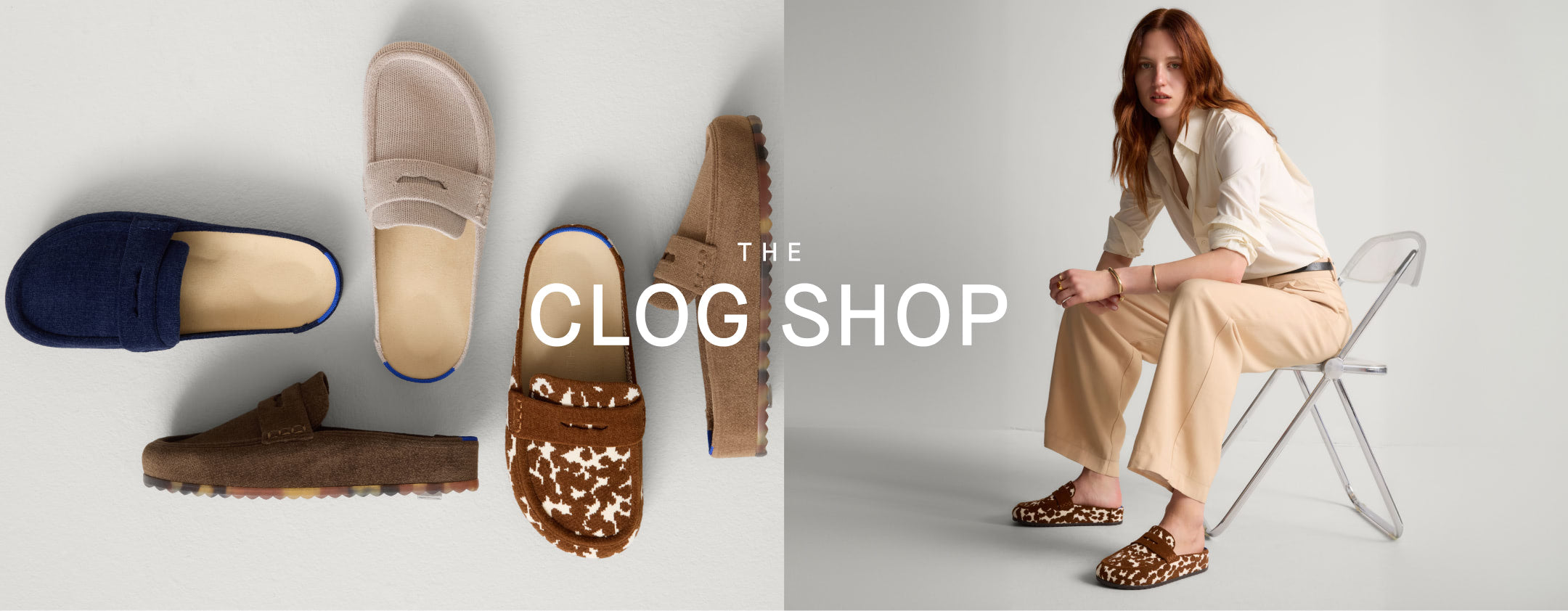 Model wearing The Penny Clog, sitting next to a close up shot of The Penny Loafer Mule in Dove, ReVelvet Rodeo Torte, ReVelvet Portobello, ReVelvet Navy, ReVelvet Bistro.