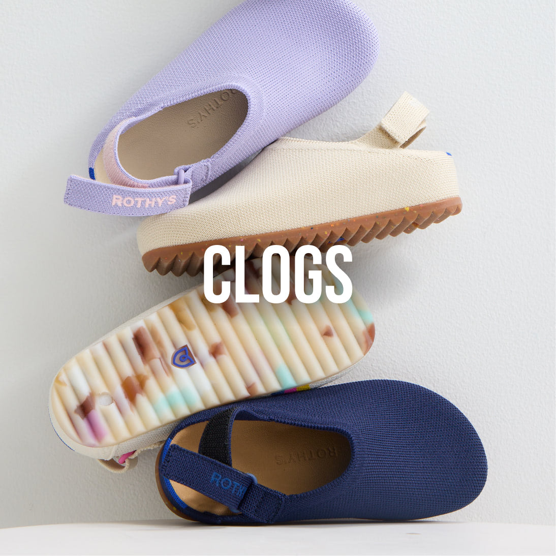 Collection shot of The Kids Clog, with text overlay ' Clogs.'