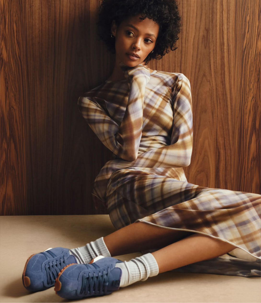Model wearing The Ivy Sneaker	in ReVelvet Overcast.