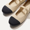 Top view of the square toe and rounded vamp of The Square Mary Jane in Cream Captoe. 