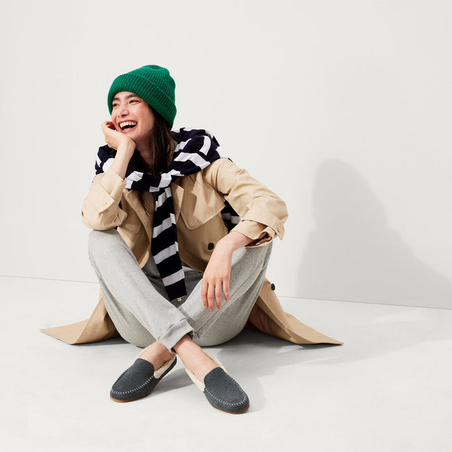 Alternate view of a model wearing The Slipper in Mountain Grey.
