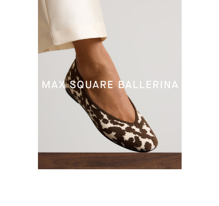 Model wearing The Max Square Ballerina in ReVelvet Dark Rodeo. White text across the center reads 'MAX SQUARE BALLERINA'.