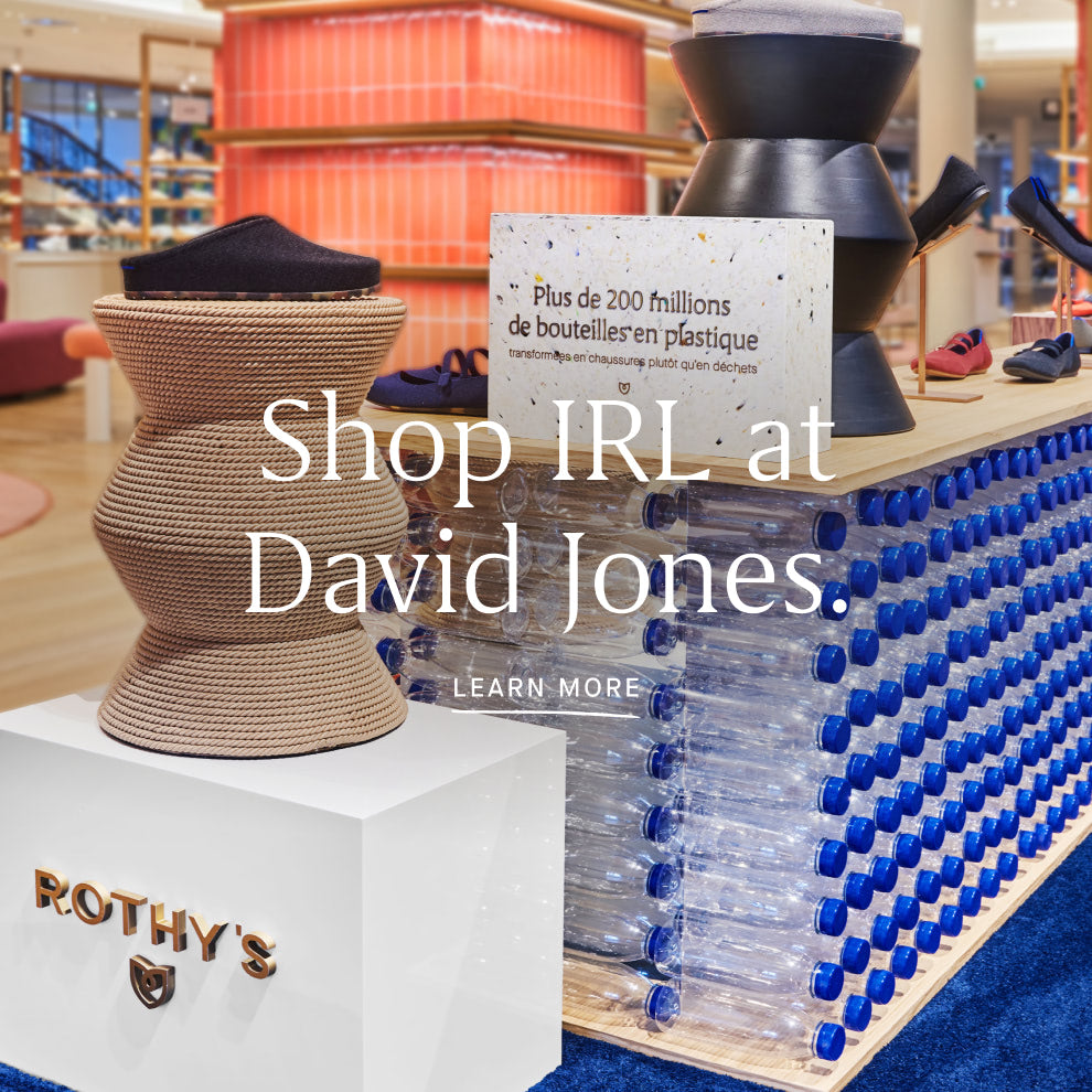 Display of Rothy's shoes with plastic bottle display and 'Shop IRL at David Jones' text.