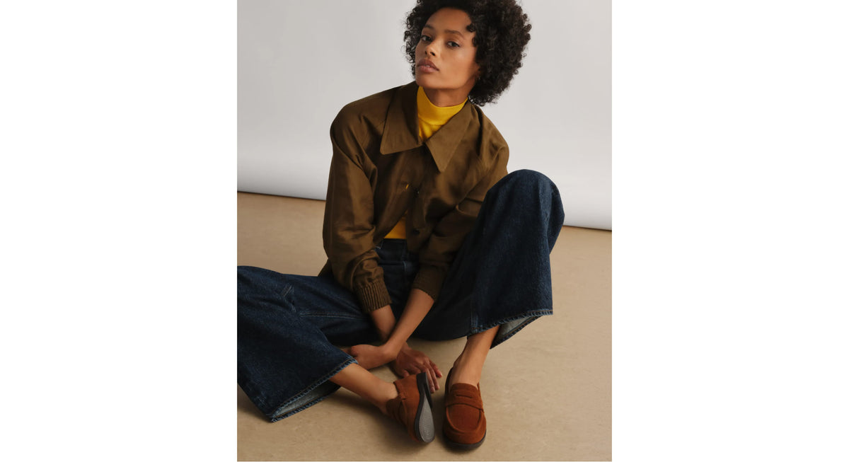 Model wearing The Penny Loafer in ReVelvet Russet.