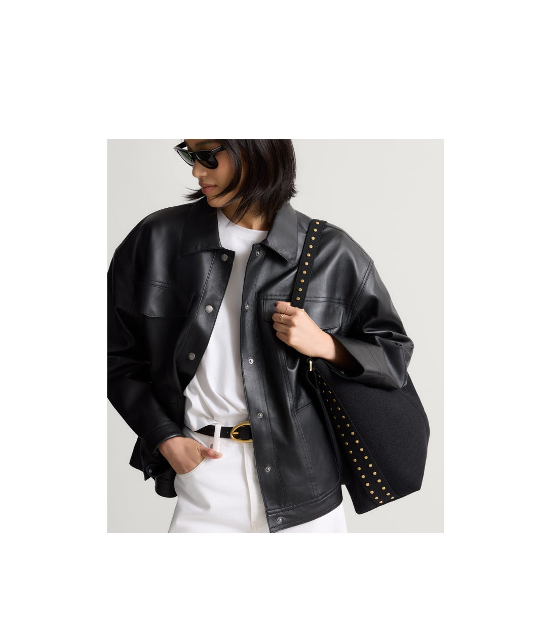 Model wearing The Bucket Bag	ReVelvet Black. 