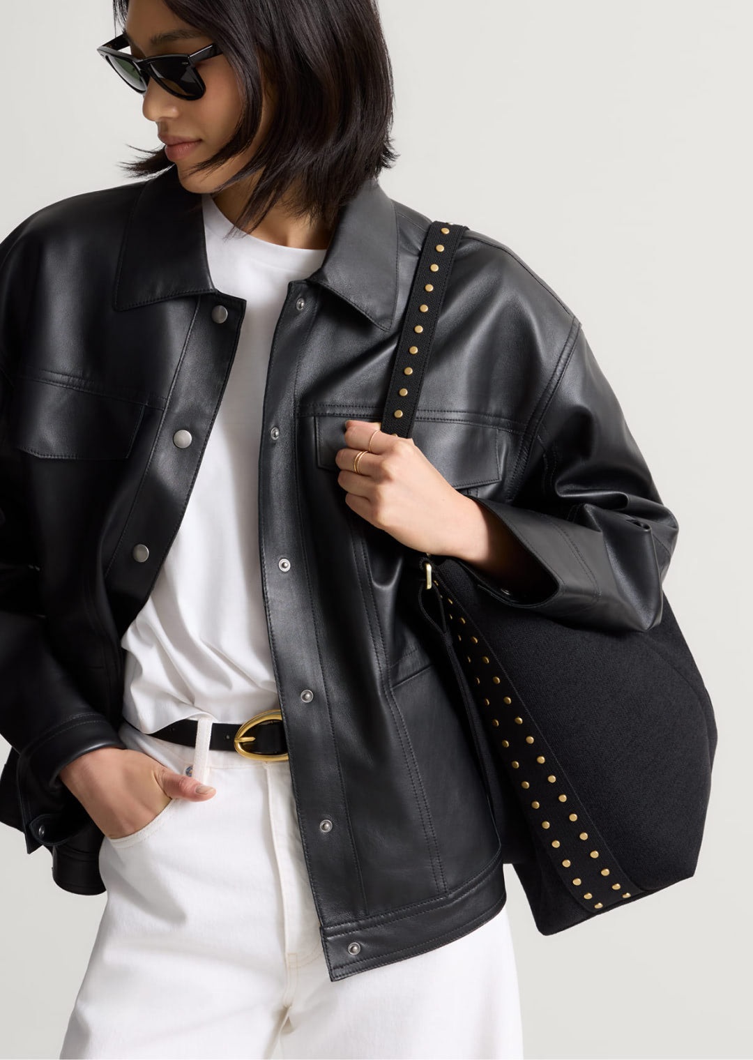 Model wearing The Bucket Bag	ReVelvet Black. 