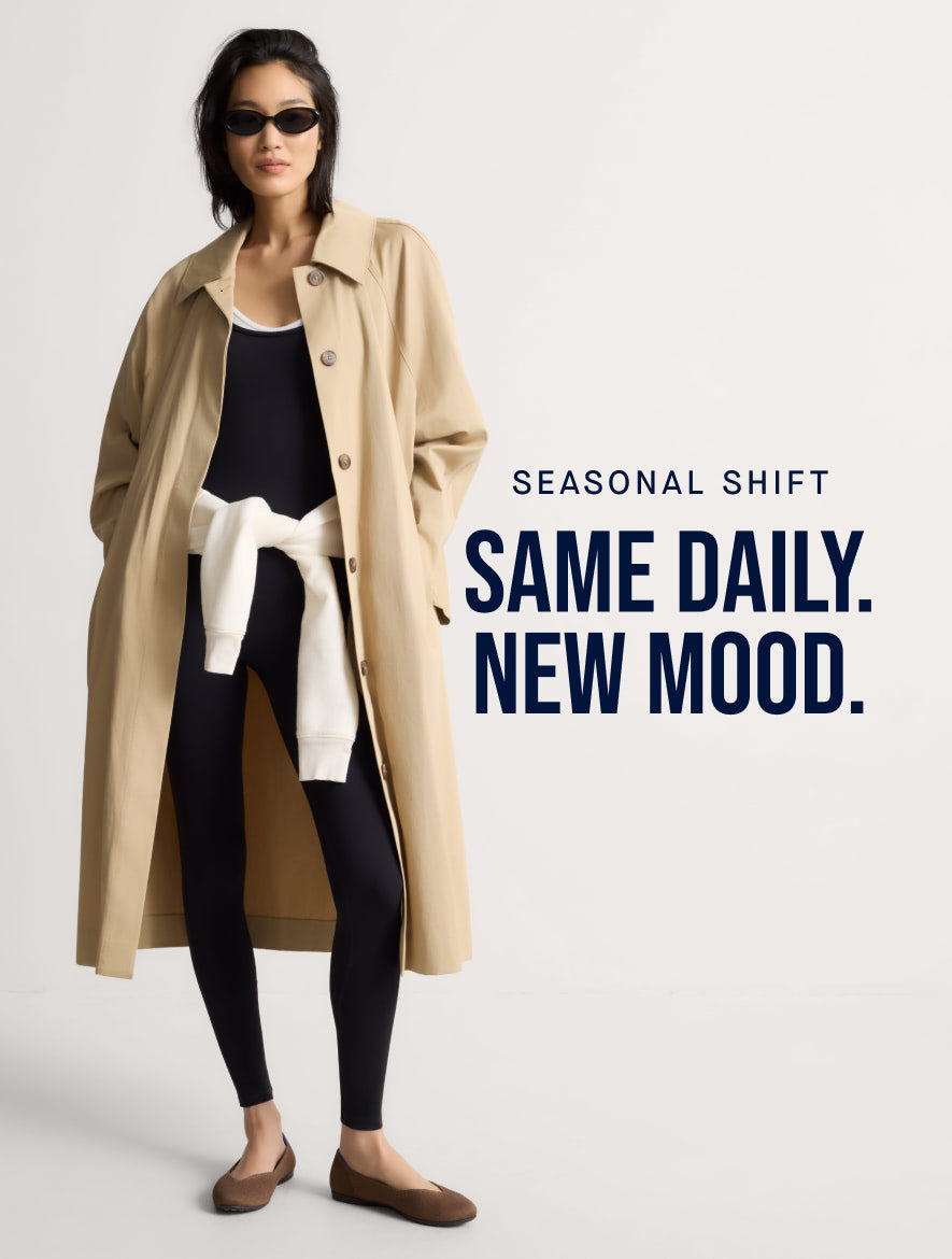 A woman wearing the daily flat in minx, with the text 'SEASONAL SHIFT SAME DAILY. NEW MOOD.