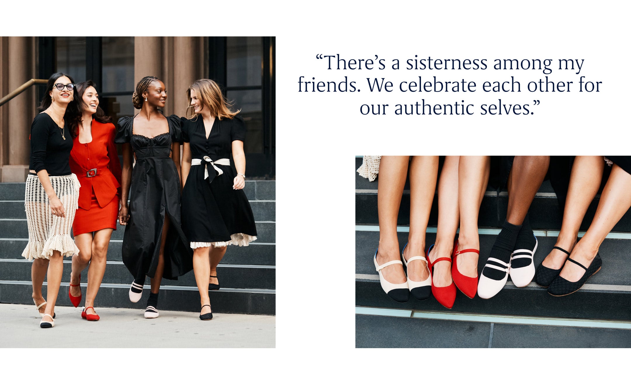 A collage showing TikTok star @NatGawd and friends wearing Rothy's Mary Janes, with copy overlay reading "There's a sisterness among my friends. We celebrate each other for our authentic selves."