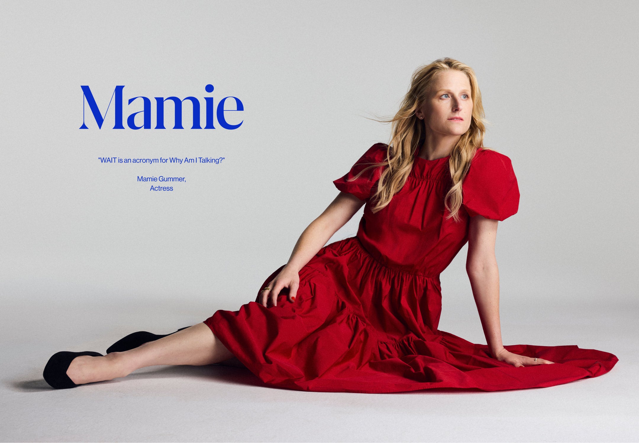 A promotional graphic featuring actress Mamie Gummer wearing The Point III in Black., with large blue text reading 'Mamie' at the top and a blue lower section with white text reading 'WAIT is an acronym for "why am I talking?"' and 'Mamie Gummer, Actress' at the bottom.