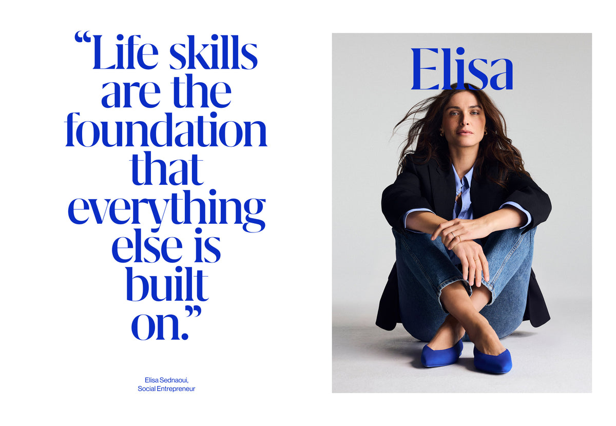 A split promotional graphic with a large blue quote on the left and a portrait of a seated woman labeled 'Elisa' on the right. The woman wears The Point III in Rothy's Blue.