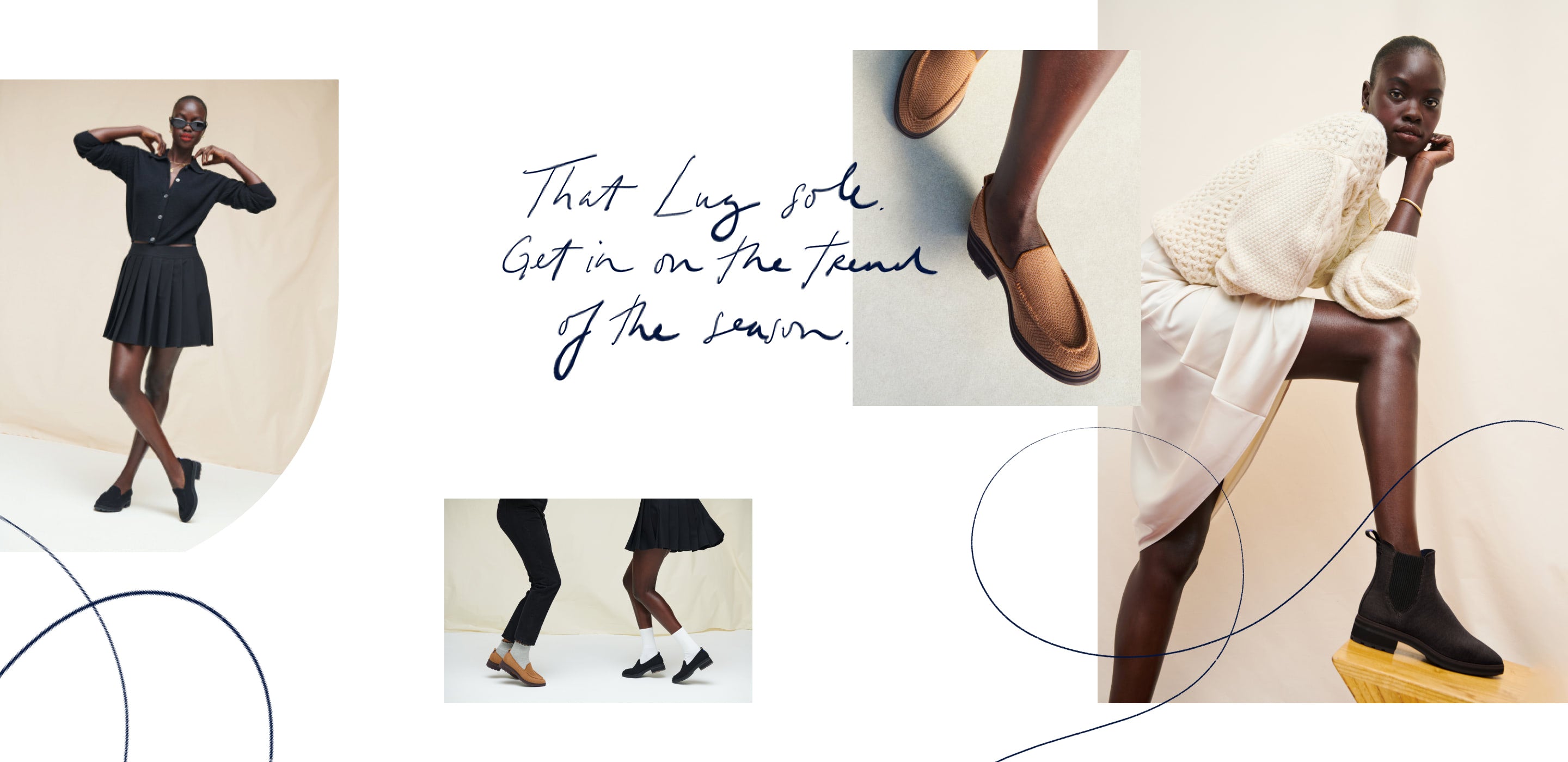 Collage of images of models wearing The Lug Loafer. That Lug sole. Get in on the trend of the season. 