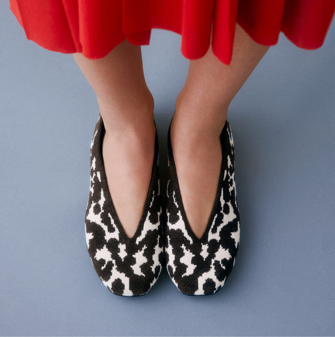 Close up of model wearing The Max Square Ballerina in ReVelvet Dark Rodeo.
