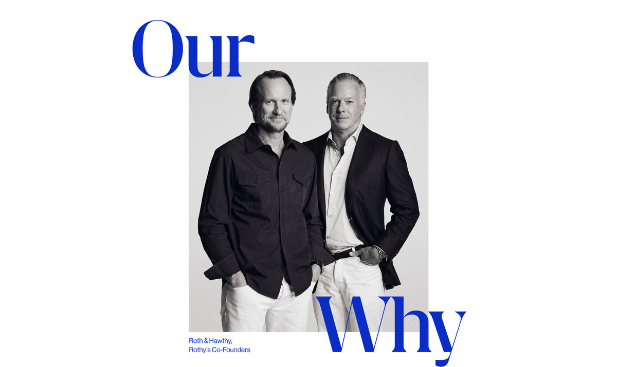 Headline 'Our Why' in large blue text. The central photo shows two men standing.