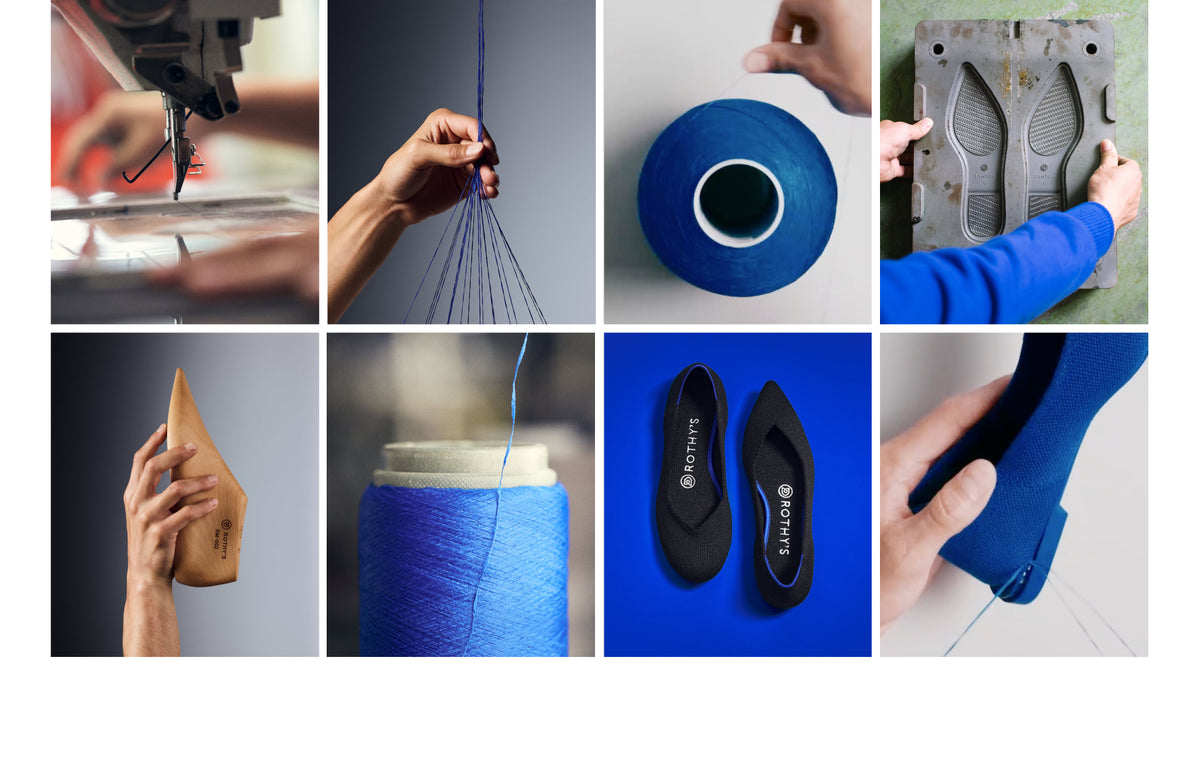 A 2x4 collage showing the craft and materials behind Rothy's: sewing, hand holding thread, a large spool of blue yarn, a foot mold, a hand holding a wooden foot form, another spool, and the finished black-and-blue shoes being worn.