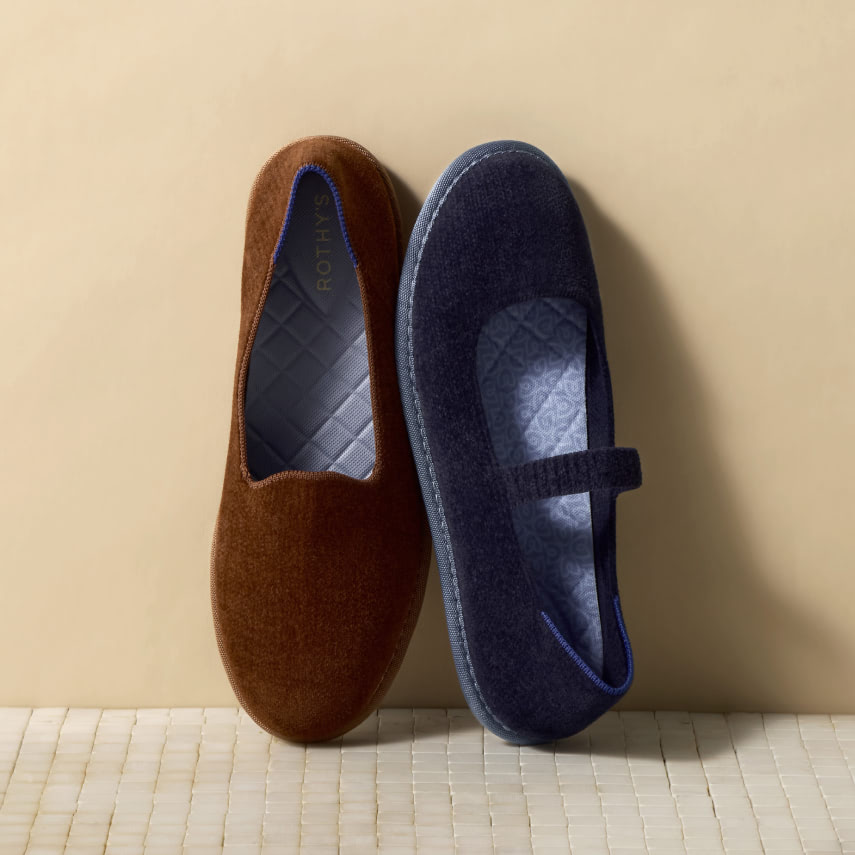 The Cruiser Mary Jane and The Cruiser Loafer against a wall. 