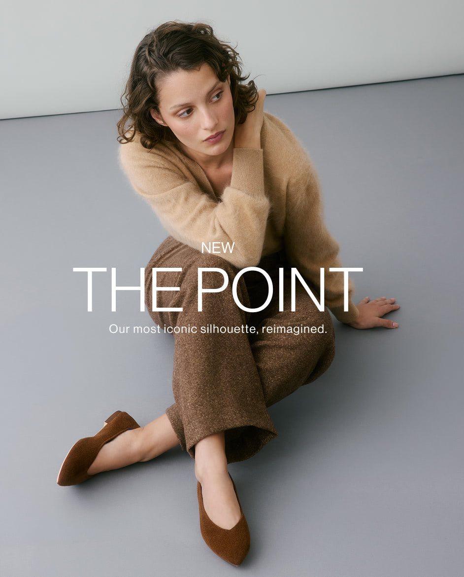A woman wearing The Point III in Russet, 'NEW THE POINT Our most iconic silhouette, reimagined.' over the center.