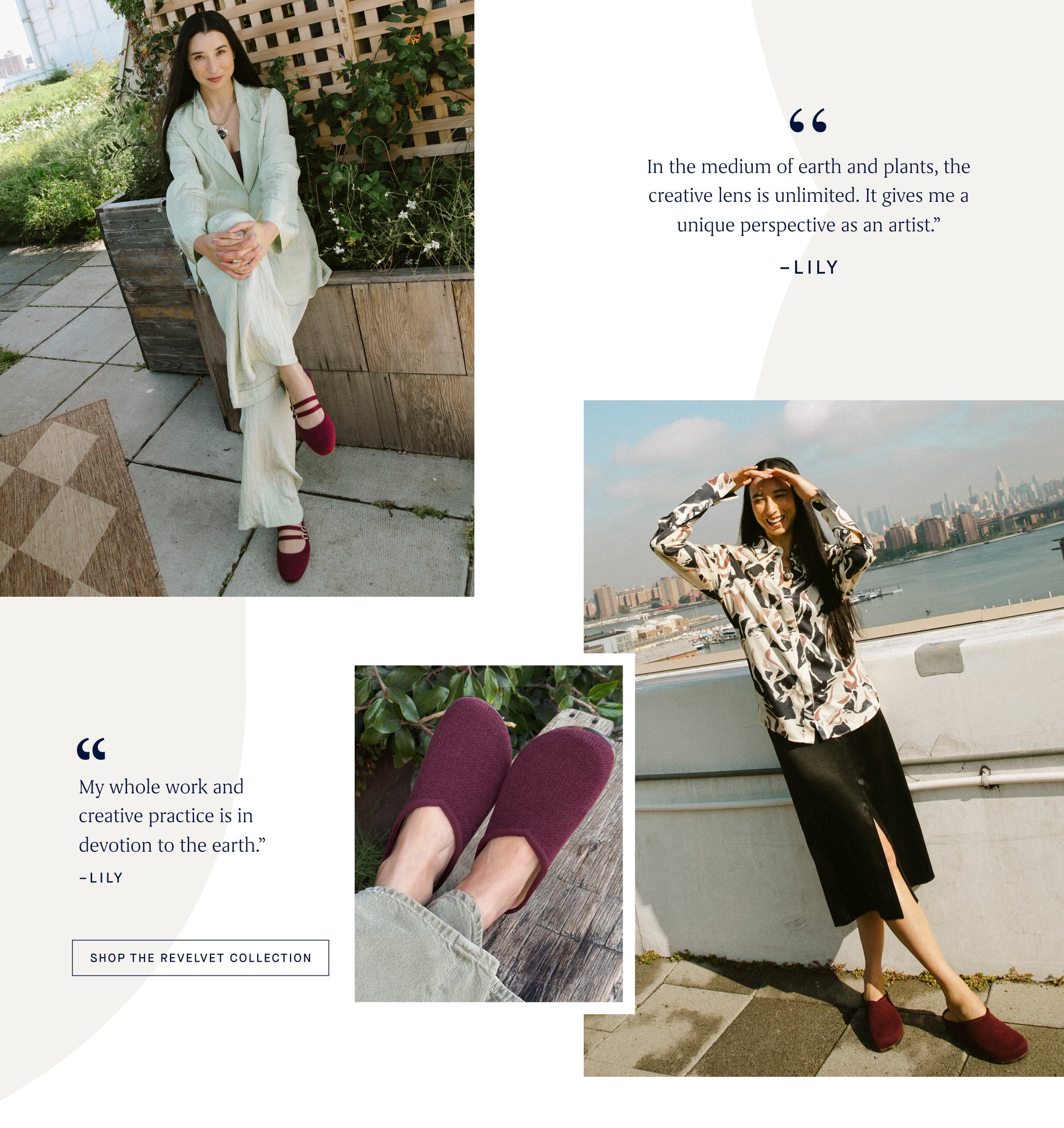 Collage of a woman in various poses with text quotes and product display.