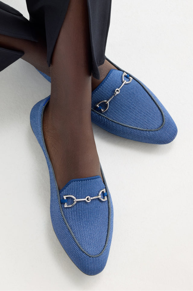Close up of The Double Bit Loafer in Blue Bird on  model.