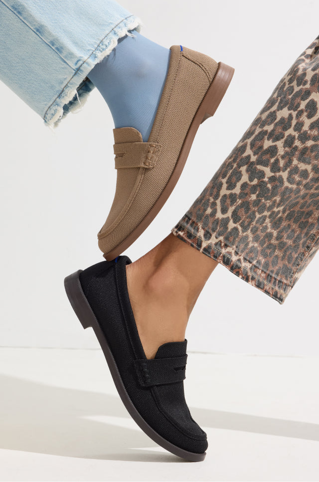 Close up of The Penny Loafer in Portobello and Black on model.