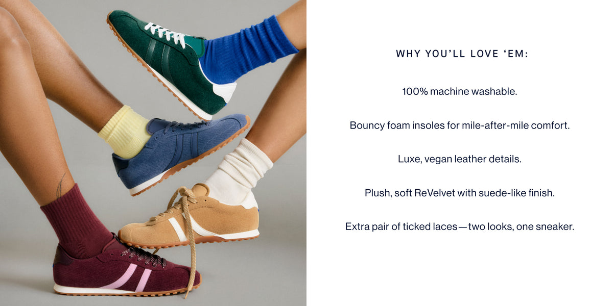 Image of models wearing The Ivy Sneaker in a variety of colors, with copy calling out key features, like machine washability, bouncy foam insoles, vegan leather details, suede-like finish, and an extra pair of ticked laces.