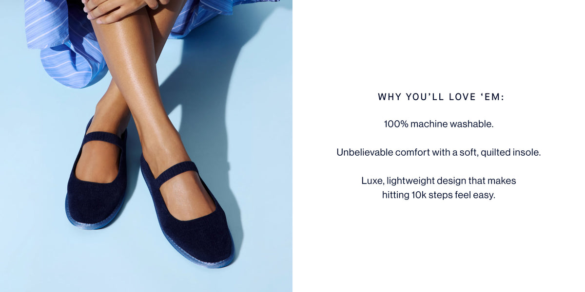 Image of a model wearing The Cruiser Mary Jane in ReVelvet Navy, with copy reading WHY YOU'LL LOVE 'EM: 100% machine washable. Unbelievable comfort with a soft, quilted insole. Luxe, lightweight design that makes hitting 10k steps feel easy. 